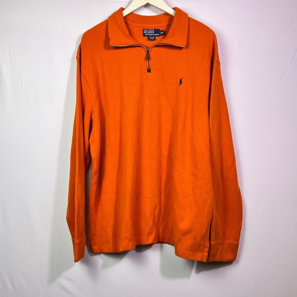Polo Ralph Lauren Mens XXL Orange 1/4 Zip Pullover Cotton Ribbed Knit Sweater